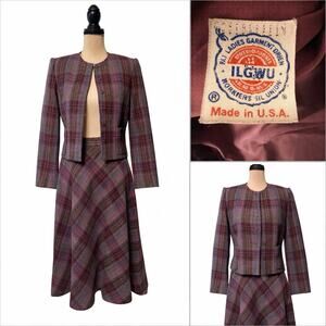 70s Purple Plaid Tweed Wool Blazer Suit Jacket Midi Skirt Size 6 Dark Academia